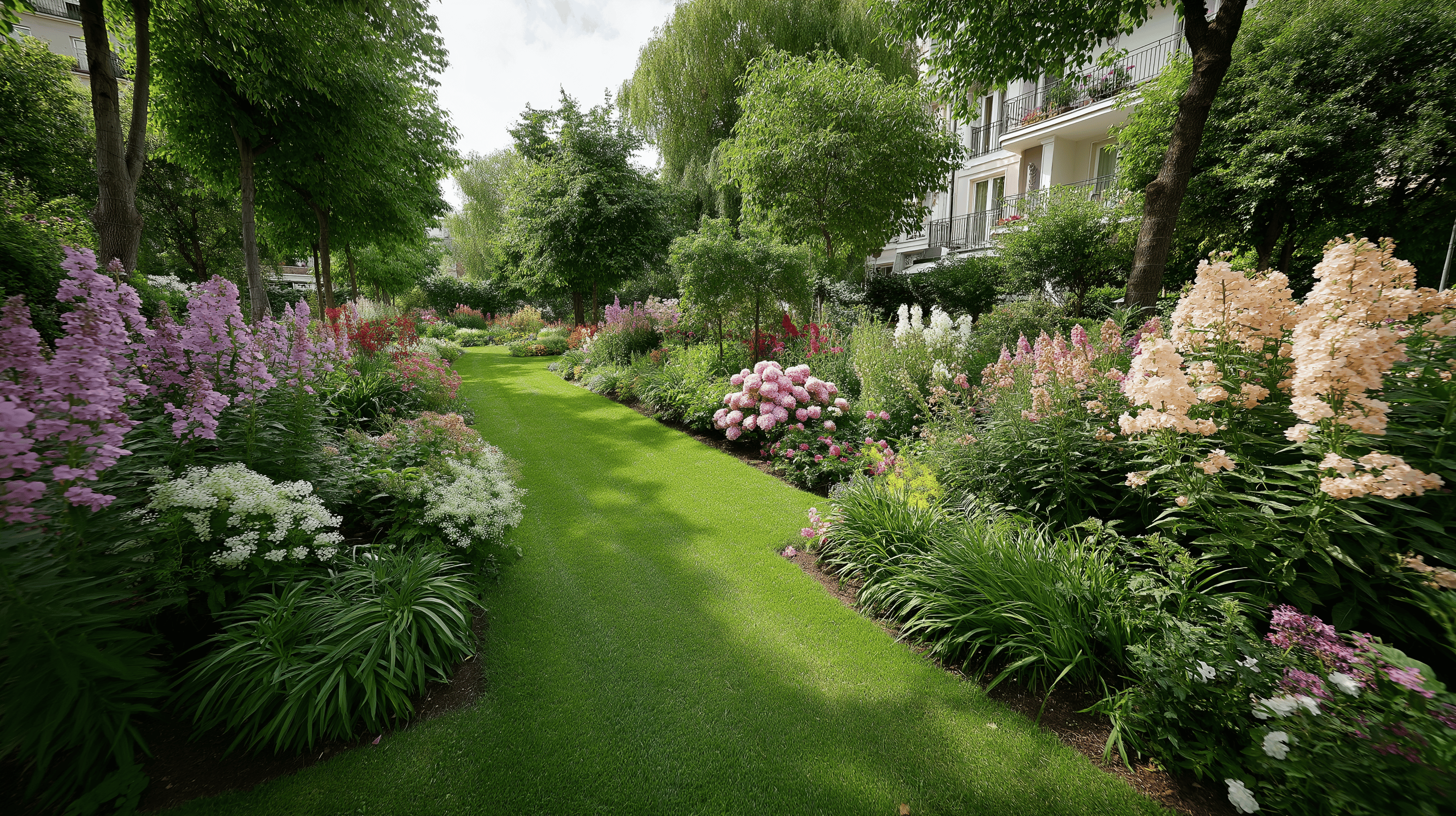 A garden path winding through colorful flowers