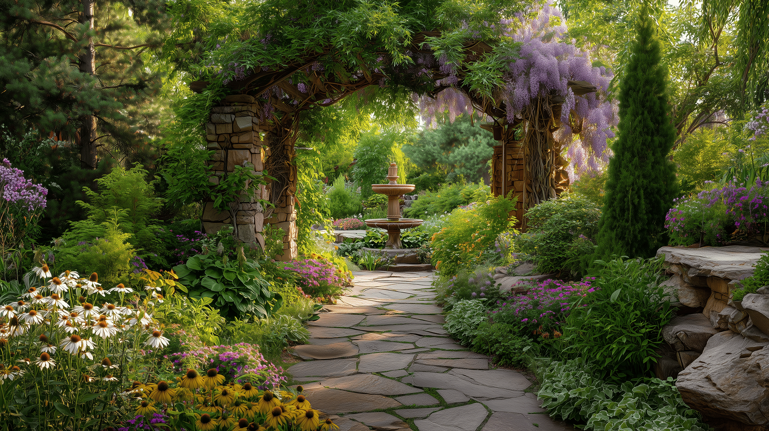 A winding 'Chicken Road' path through a flower garden